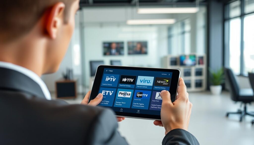 Generate an image of a person comparing different IPTV services on a tablet.
