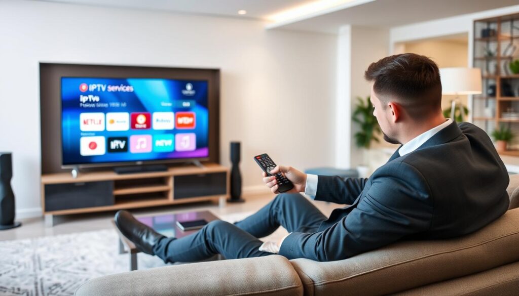 Generate an image of a person comparing different IPTV services on their TV