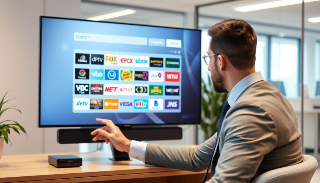 Generate an image of a person customizing their IPTV channel lineup on a sleek, modern device.