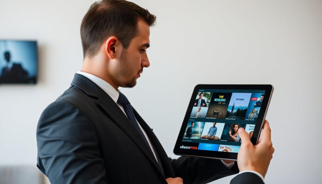 Generate an image of a person customizing their IPTV subscription on a tablet with various content categories and add-ons displayed.