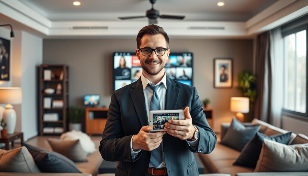 Generate an image of a person enjoying IPTV on multiple devices