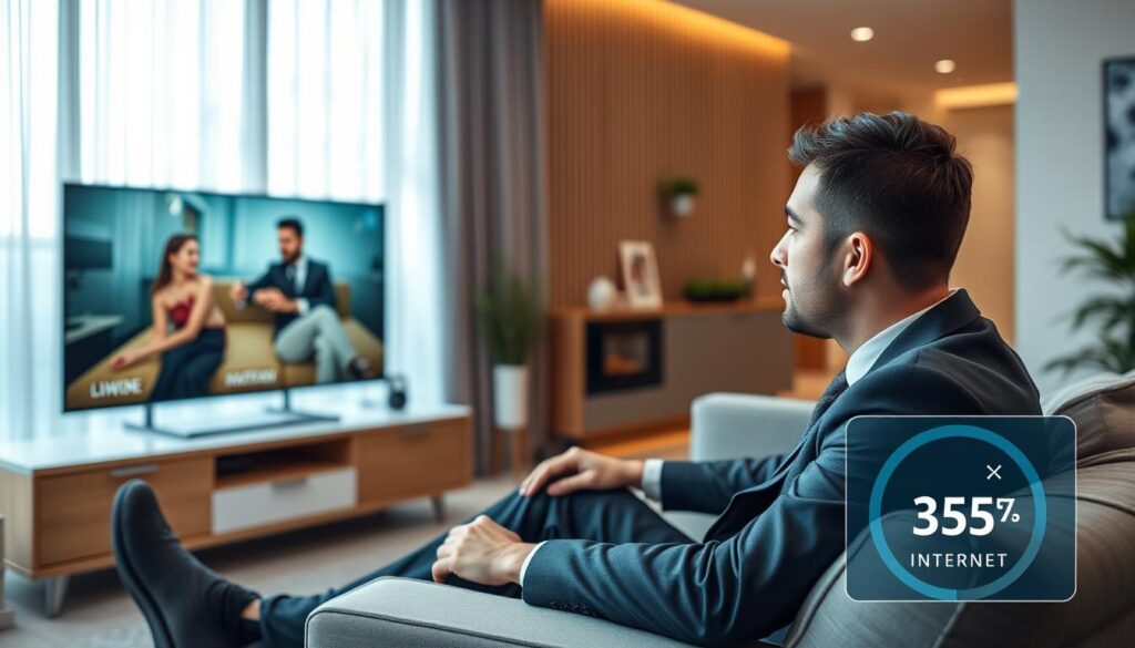 Generate an image of a person enjoying a seamless streaming experience on their TV with a fast internet connection indicator in the corner.