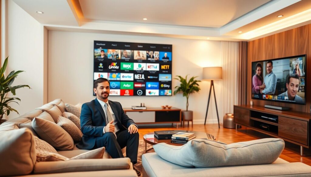 Generate an image of a person enjoying a vast array of TV channels and on-demand content on their living room TV.