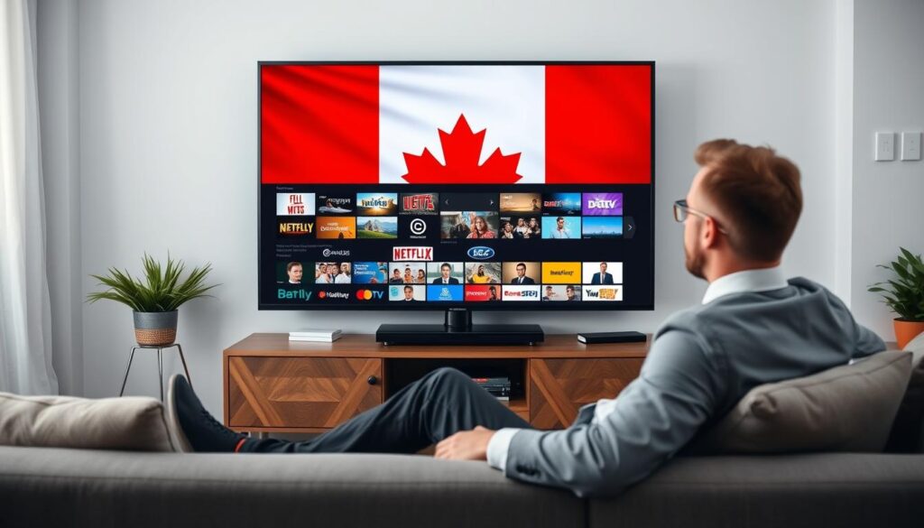 Generate an image of a person enjoying a vast array of channels and content on their TV, with a Canadian flag in the background. Generate an image of a person enjoying a vast array of channels and content on their TV, with a Canadian flag in the background.