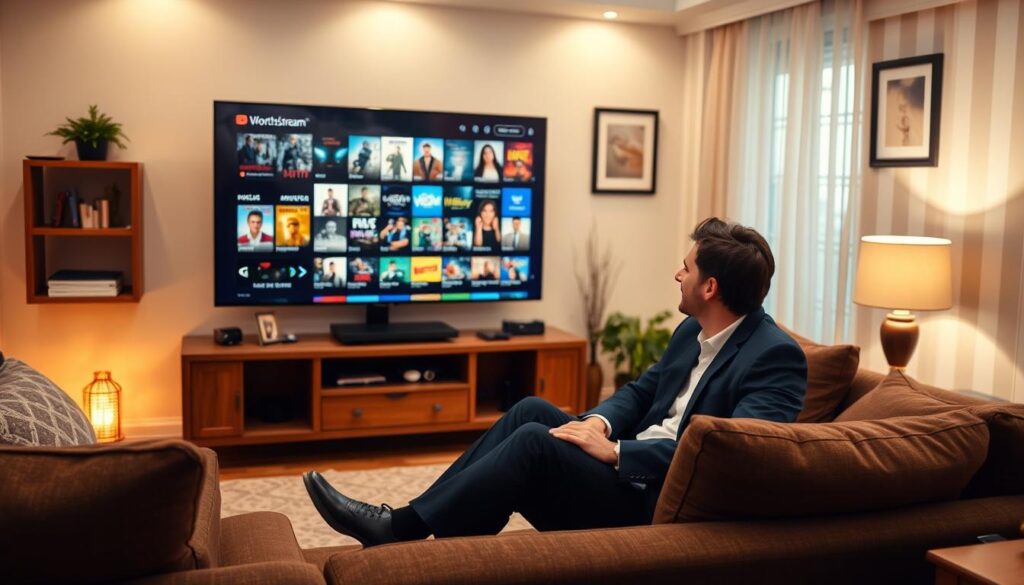 Generate an image of a person enjoying a vast collection of movies and TV shows on their TV through Worthystream IPTV service.