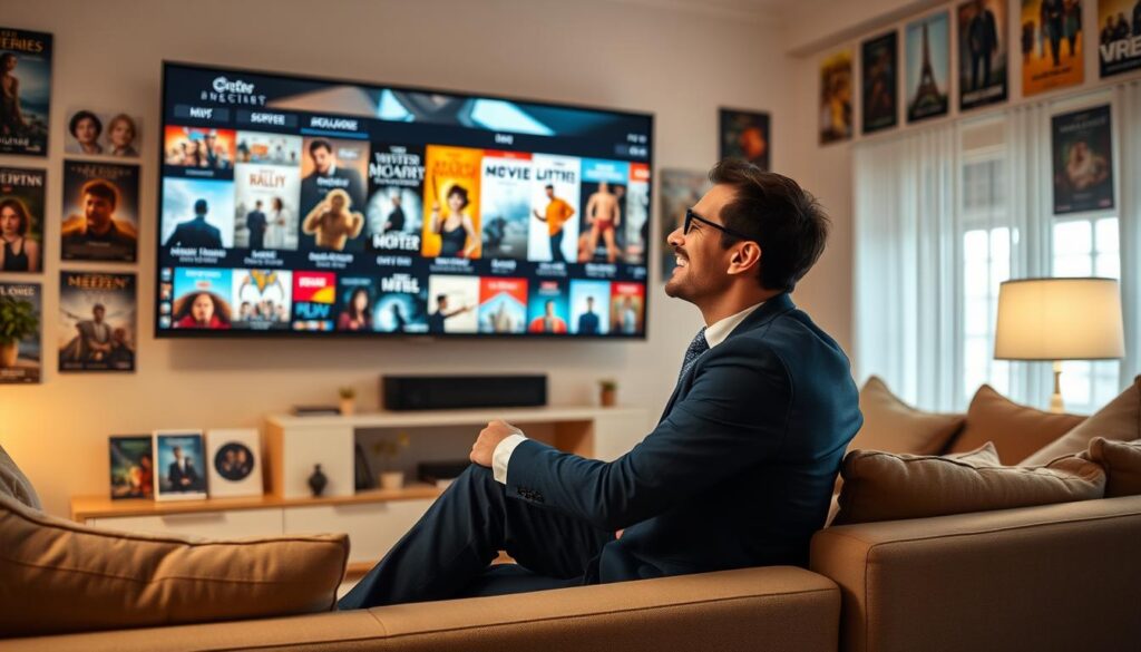 Generate an image of a person enjoying a vast library of movies and TV series on their TV.