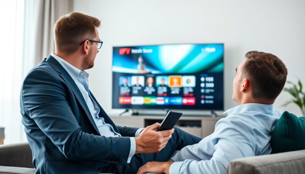 Generate an image of a person enjoying their IPTV service on a large screen TV with a remote control in hand.
