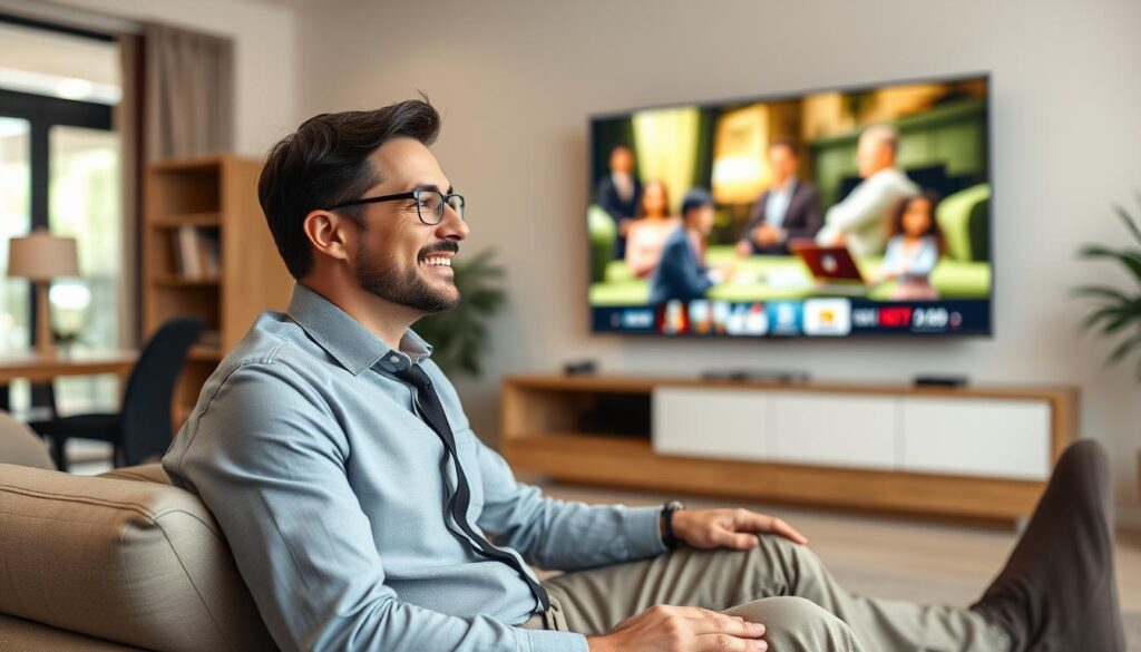 Generate an image of a person enjoying their favorite TV show in 4K on a large screen TV, with a satisfied expression.