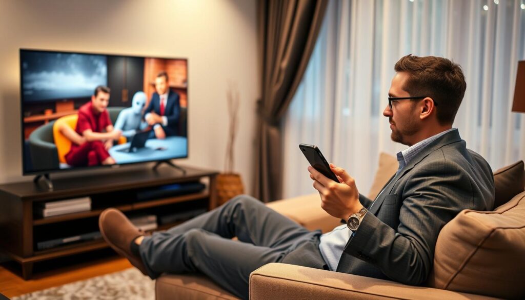 Generate an image of a person enjoying their favorite TV show in 4K resolution on multiple devices simultaneously.