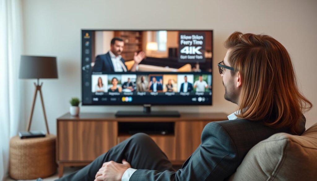 Generate an image of a person enjoying their favorite TV show on a 4K TV with zero buffering.