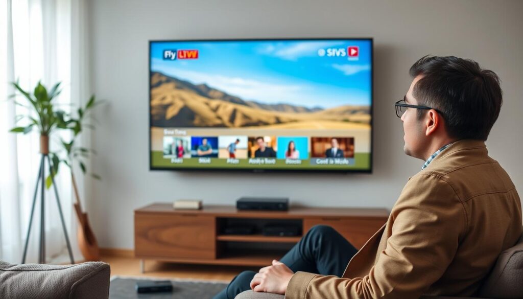 Generate an image of a person enjoying their favorite TV show on a Smart TV using IPTV Nova.