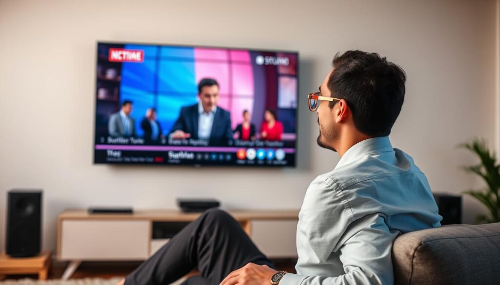 Generate an image of a person enjoying their favorite TV show on a large screen with a stable internet connection in the background.