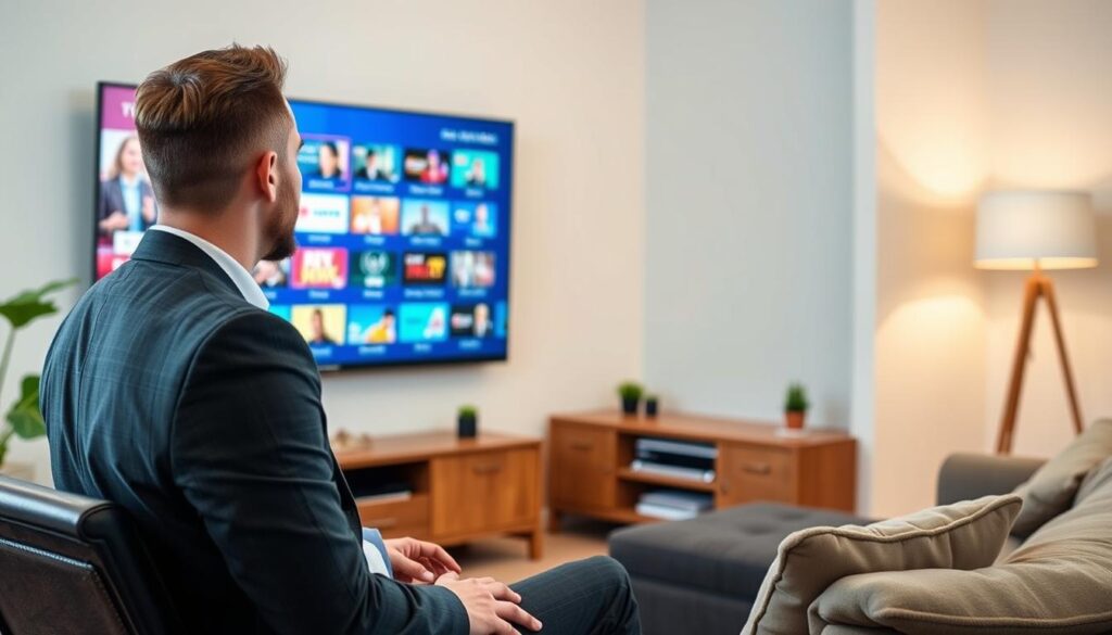 Generate an image of a person enjoying their favorite TV show on a large screen with a variety of channels displayed