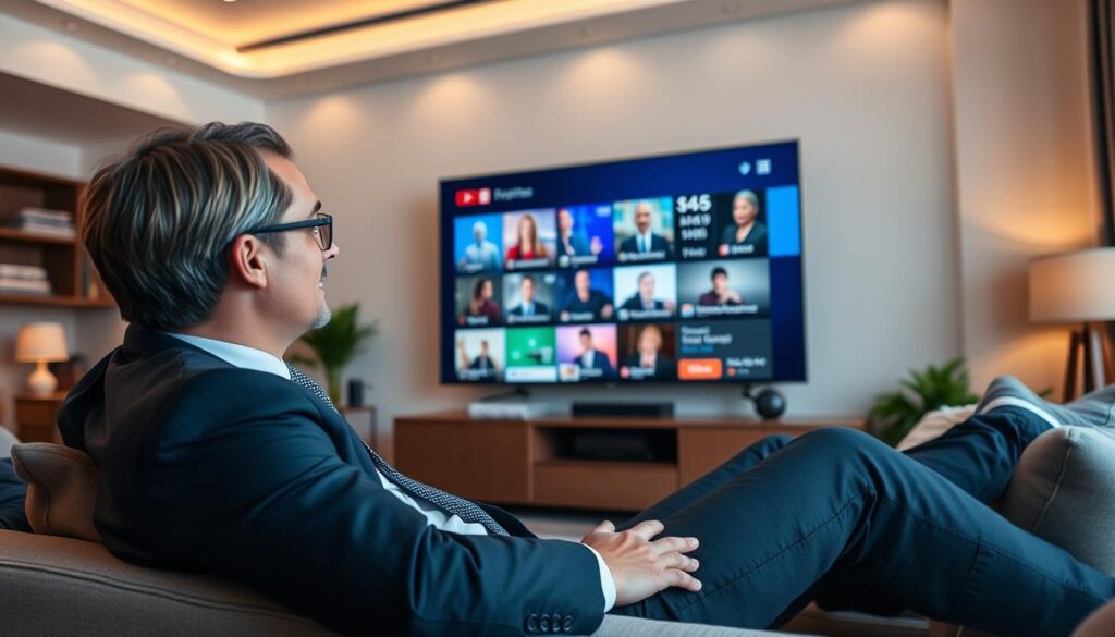 Generate an image of a person enjoying their favorite TV show on a large screen with multiple channels displayed. Generate an image of a person enjoying their favorite TV show on a large screen with multiple channels displayed.