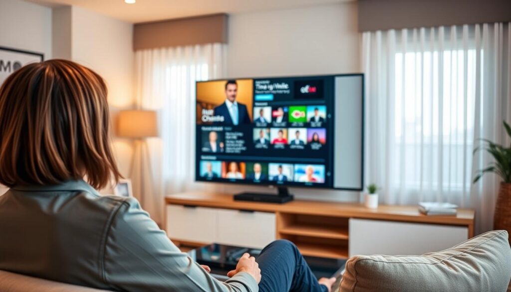Generate an image of a person enjoying their favorite TV show on a large screen with multiple channels displayed. Generate an image of a person enjoying their favorite TV show on a large screen with multiple channels displayed.