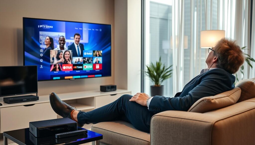 Generate an image of a person enjoying their favorite TV show on a large screen with multiple devices connected to IPTV Geeks service.