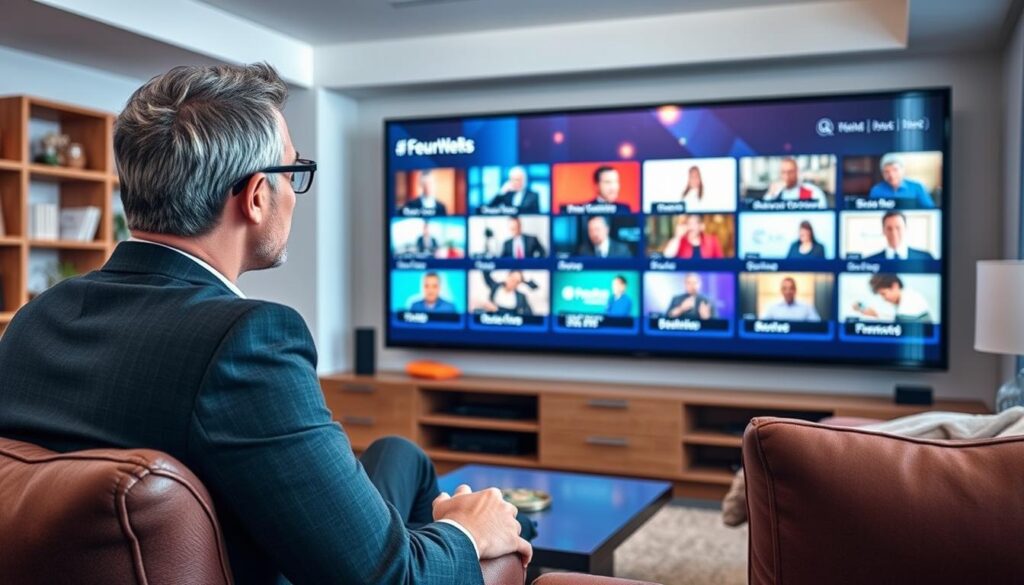 Generate an image of a person enjoying their favorite TV show on a large screen with multiple channels displayed.