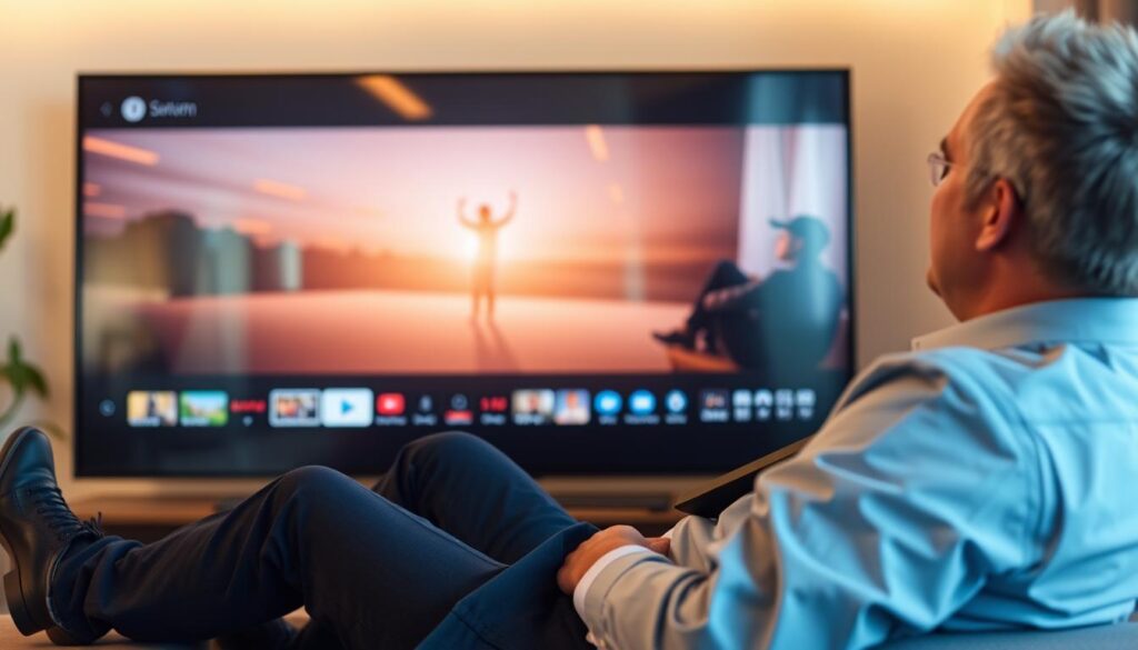 Generate an image of a person enjoying their favorite TV show on a large screen with zero buffering.