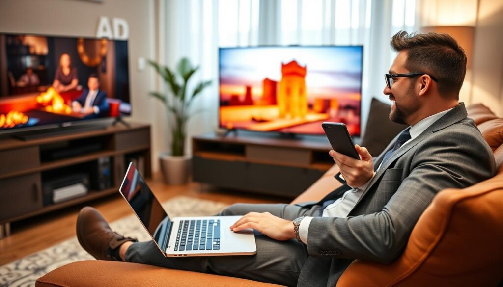 Generate an image of a person enjoying their favorite TV show on multiple devices