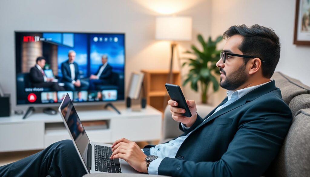 Generate an image of a person enjoying their favorite TV show on multiple devices with XCodes IPTV