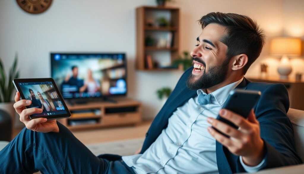 Generate an image of a person enjoying their favorite TV show on multiple devices with a seamless streaming experience.