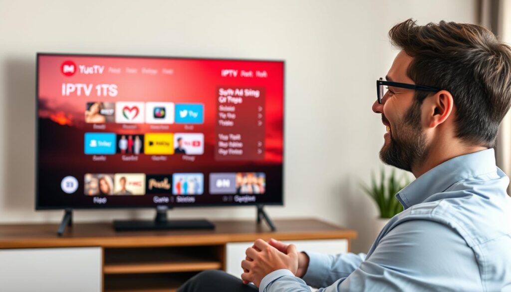 Generate an image of a person enjoying their favorite show on a smart TV with iptv alpha's interface on the screen.