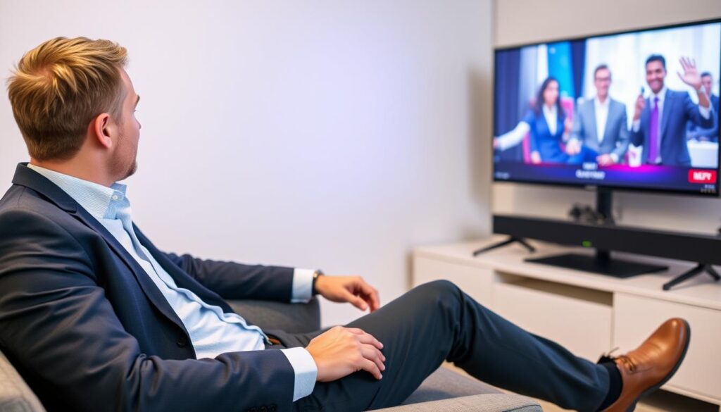 Generate an image of a person enjoying their favourite TV show on IPTV Geeks