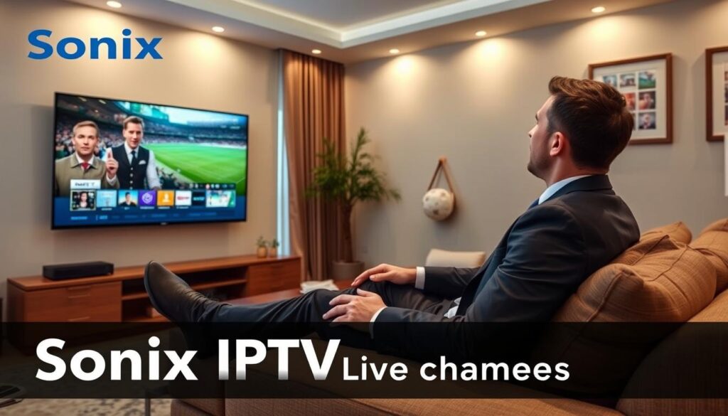 Generate an image of a person enjoying their favourite TV show on a large screen with a caption "Sonix IPTV - 45,000+ Live Channels"
