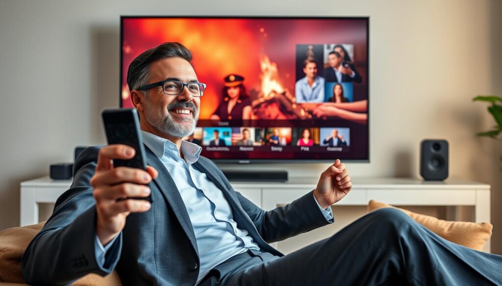 Generate an image of a person enjoying their favourite TV show on a large screen with a remote control in hand, symbolizing the advanced features of IPTV Geeks.