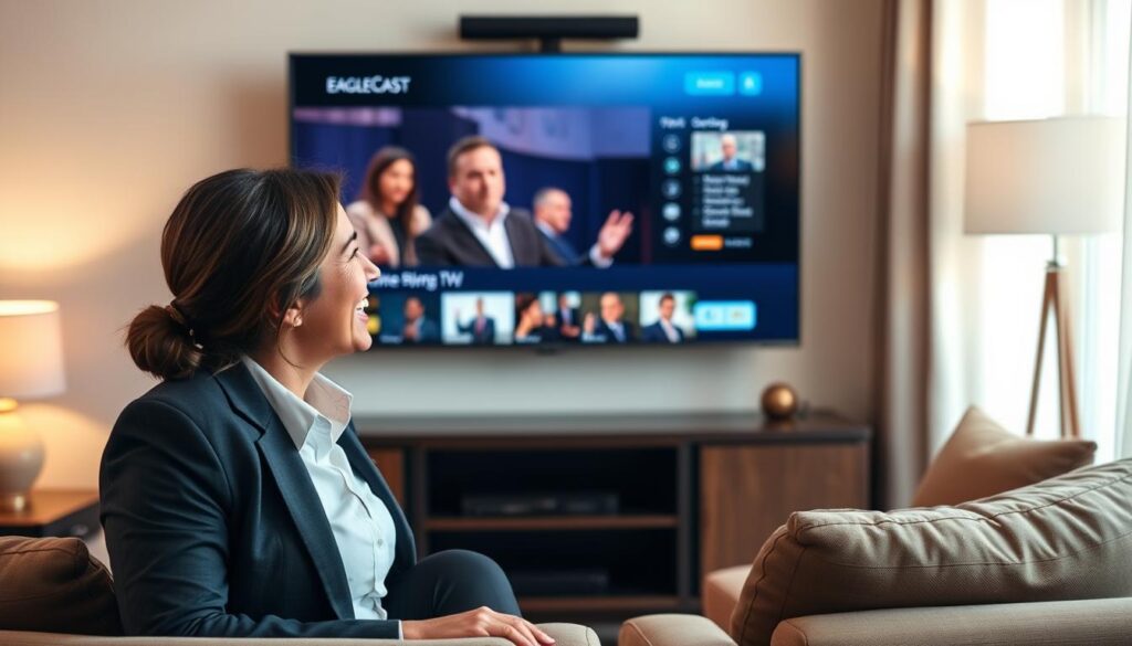 Generate an image of a person enjoying their favourite TV show on a smart TV using EagleCast TV service.