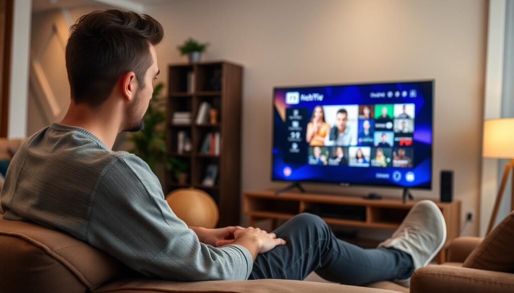 Generate an image of a person enjoying their favourite TV show on a smart TV using an IPTV service