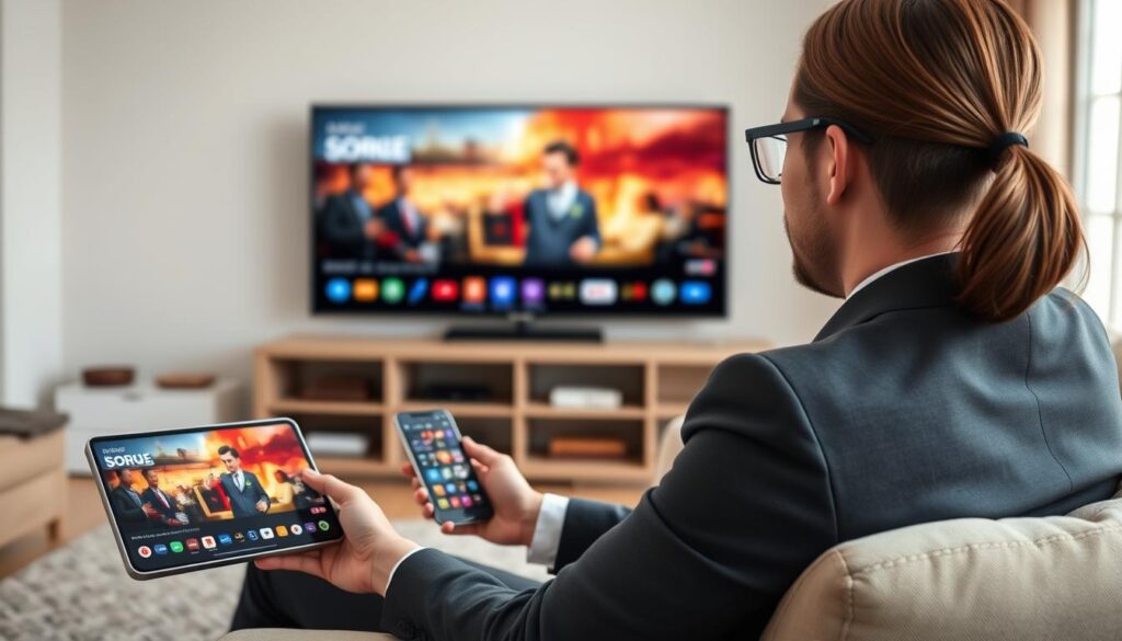 Generate an image of a person enjoying their favourite TV show on multiple devices with a seamless streaming experience.