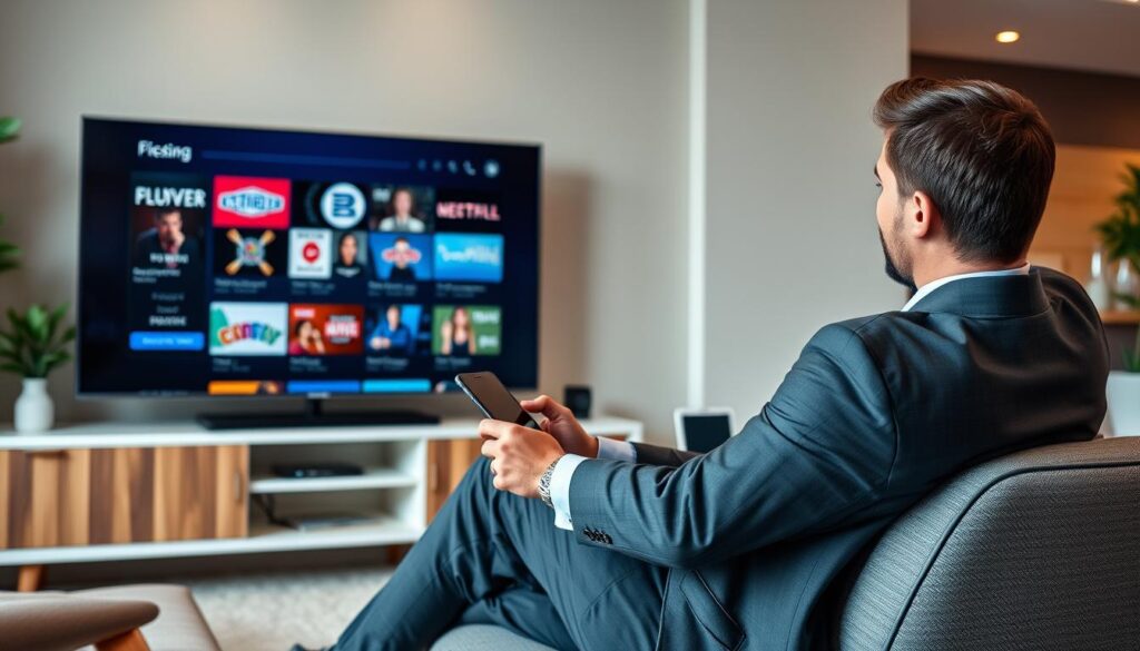 Generate an image of a person enjoying various TV channels and on-demand content on their device.