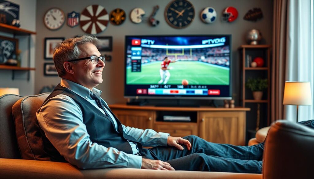 Generate an image of a person relaxing on a couch, watching their favorite sports channel on IPTVDigi with a satisfied smile.