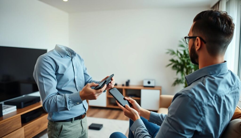 Generate an image of a person setting up an IPTV player on their device. Generate an image of a person setting up an IPTV player on their device.