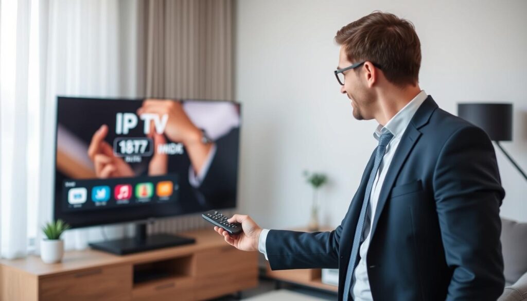 Generate an image of a person setting up an IPTV service on their TV Generate an image of a person setting up an IPTV service on their TV