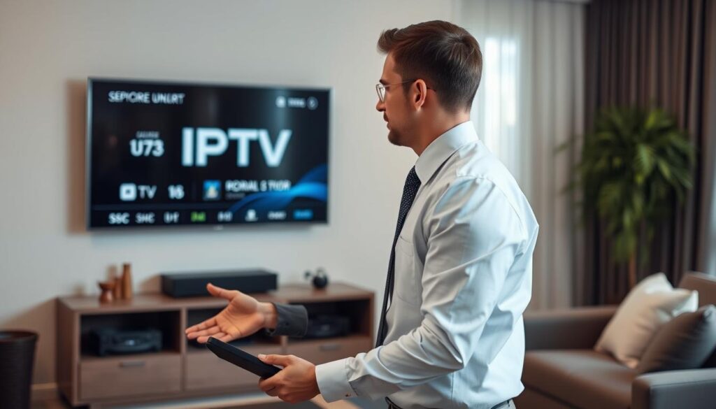 Generate an image of a person setting up their IPTV service on their TV or device.