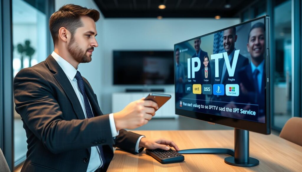 Generate an image of a person setting up their IPTV service on their device. Generate an image of a person setting up their IPTV service on their device.