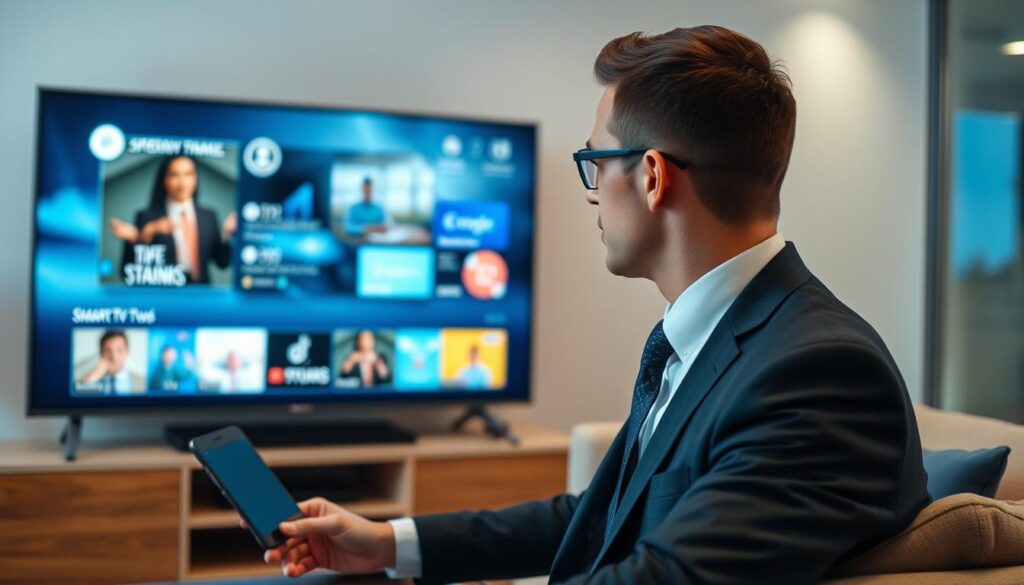 Generate an image of a person streaming IPTV content on a Smart TV with a VPN connection