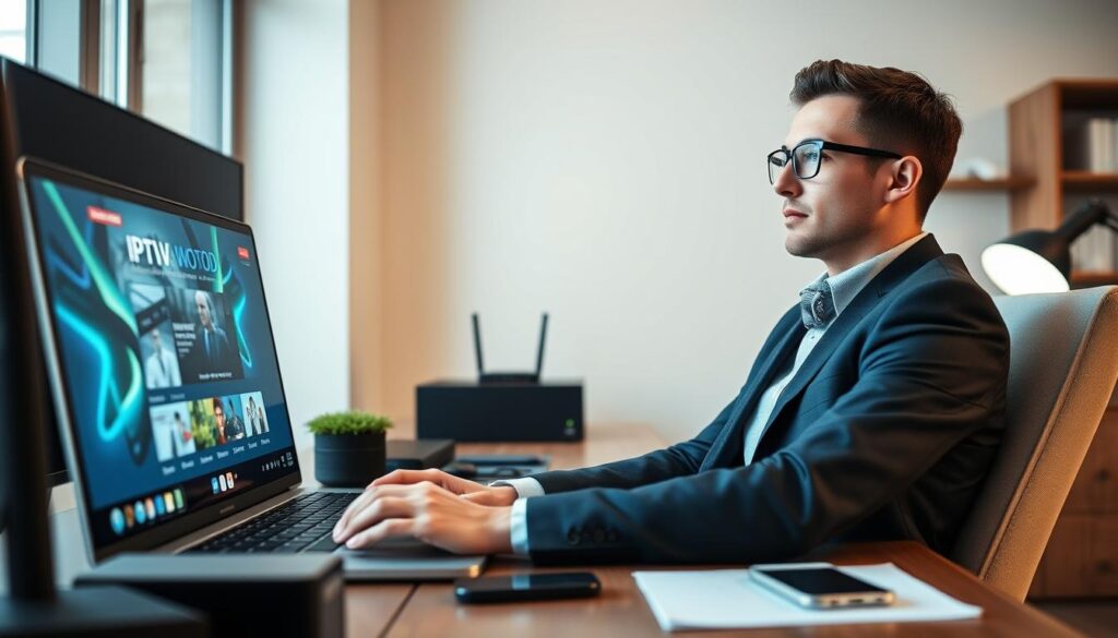 Generate an image of a person streaming IPTV content on a laptop with a VPN connection Generate an image of a person streaming IPTV content on a laptop with a VPN connection
