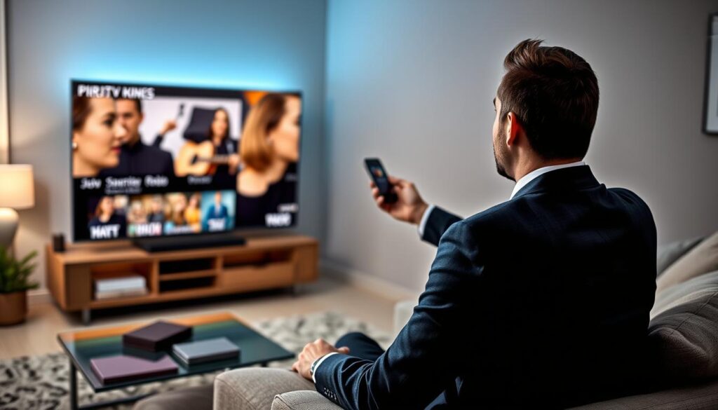 Generate an image of a person streaming IPTV content on a smart TV using PrivateVPN Generate an image of a person streaming IPTV content on a smart TV using PrivateVPN