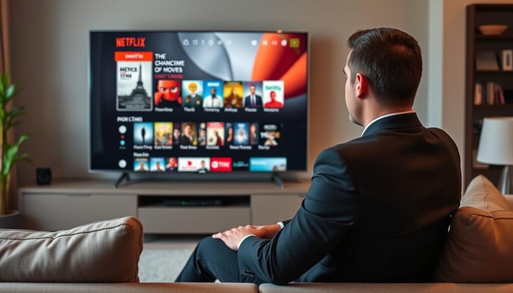 Generate an image of a person streaming a movie on a large screen TV with a variety of channels and movies listed on the screen.