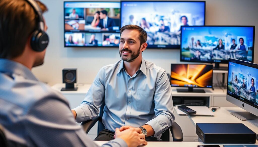 Generate an image of a person streaming content on various devices using different IPTV players. Generate an image of a person streaming content on various devices using different IPTV players.