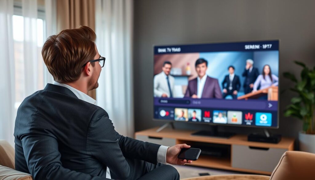 Generate an image of a person streaming their favorite TV show on a smart TV using an IPTV player.