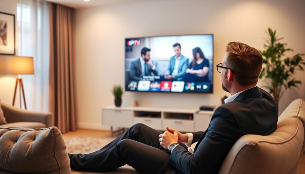 Generate an image of a person streaming their favorite TV show on a smart TV using an IPTV service.