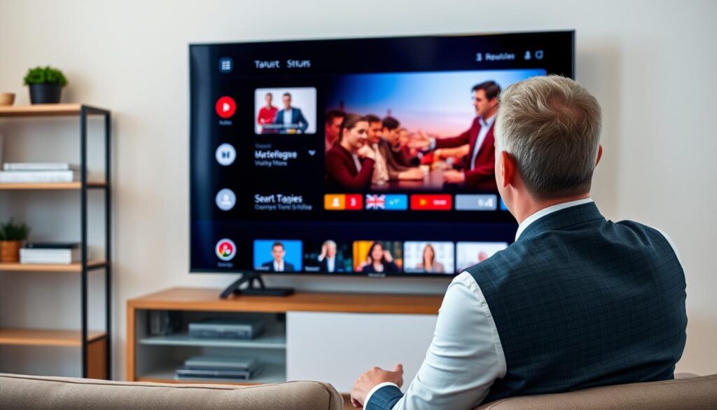 Generate an image of a person streaming their favorite TV show on a smart TV with multiple channels displayed.