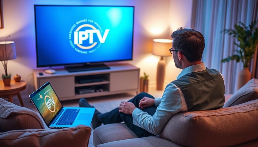 Generate an image of a person streaming their favorite show on IPTV with a VPN connection Generate an image of a person streaming their favorite show on IPTV with a VPN connection