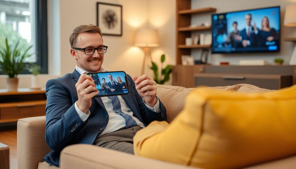 Generate an image of a person streaming their favorite show on a mobile device using Kick LTV. Generate an image of a person streaming their favorite show on a mobile device using Kick LTV.