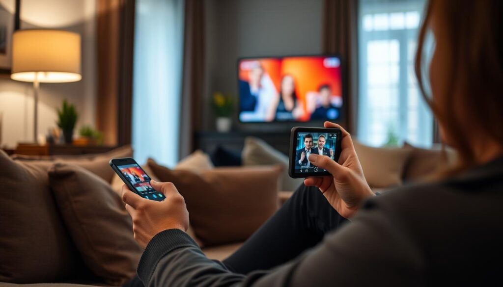 Generate an image of a person streaming their favorite show on a mobile device using the Kick LTV app.