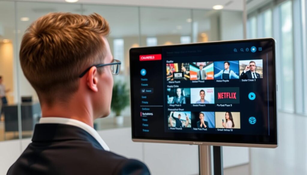 Generate an image of a person using IPTV Smart Player on their device, showcasing various channels and video content.